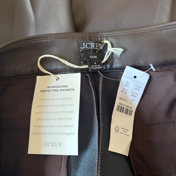 J. Crew Kate Brown Faux Leather	Straight Leg Pants - Size 8 - New with Tags - Picture 4 of 5